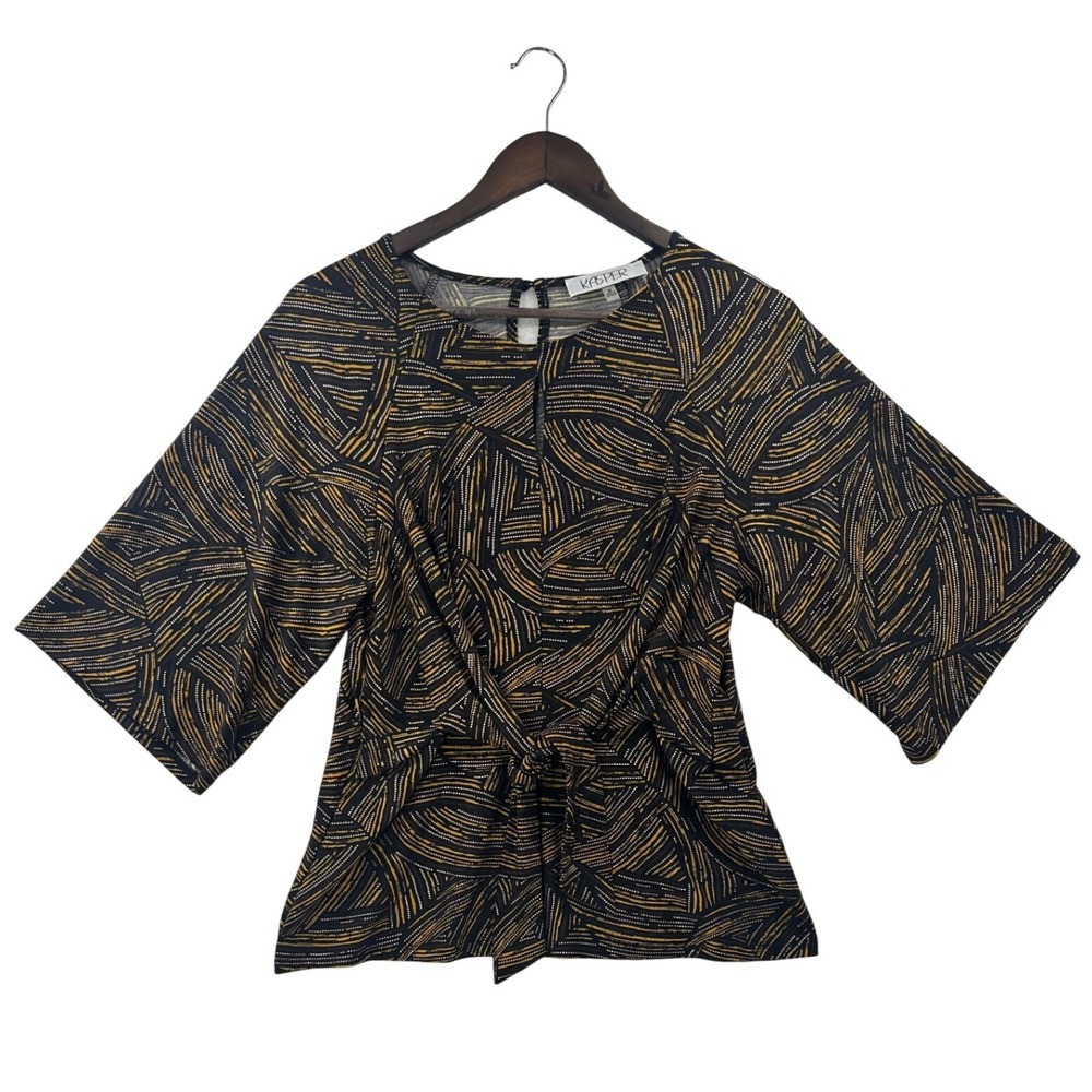 Kasper Womens Top Size Medium Black Gold Abstract Print Tie Waist Kimono Sleeve
